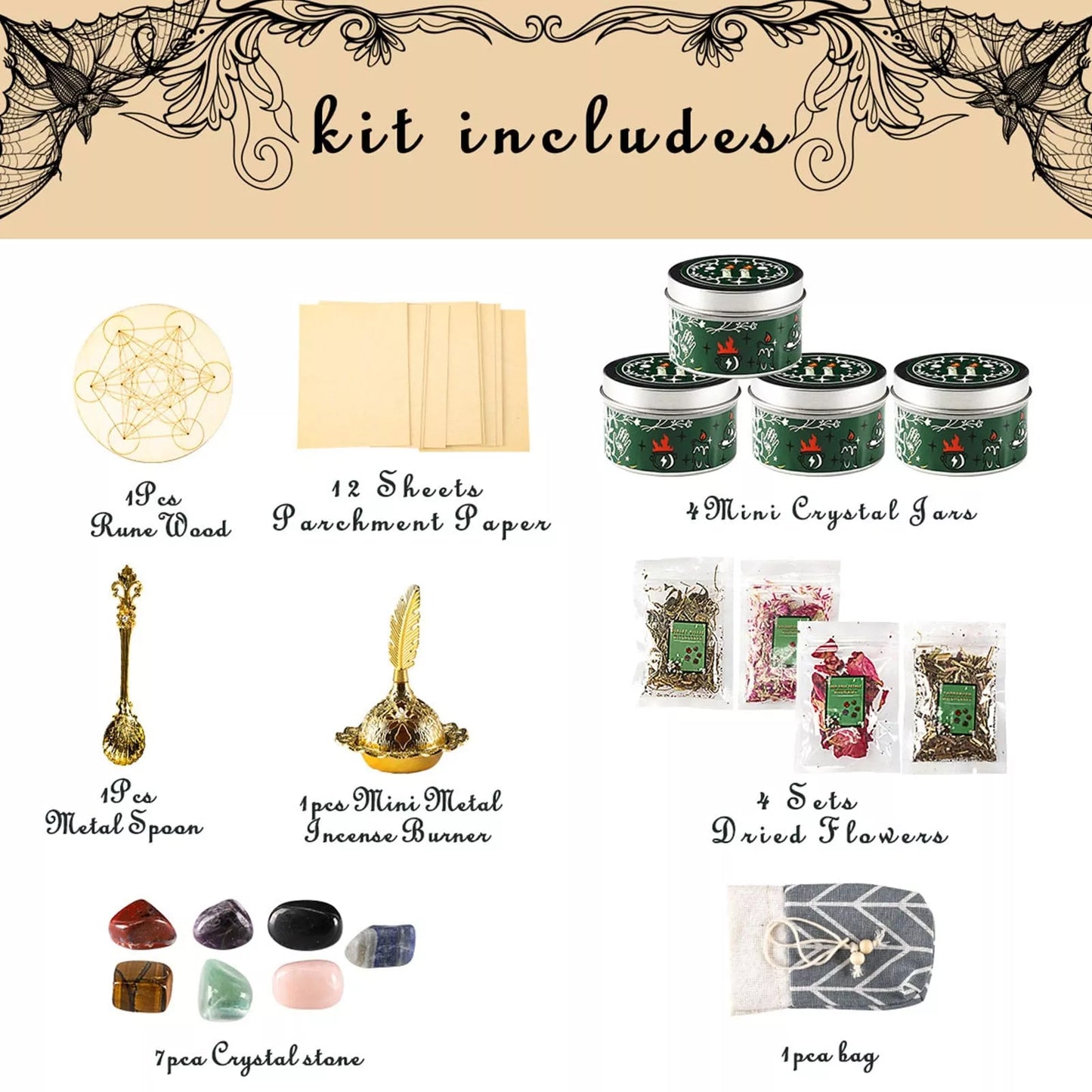 1Set Witchcraft Kit Dried Herb Candle Kit With Crystal Stone Magic Witch Toolkit Dried Flower Witchcraft Supplies Christmas Gift